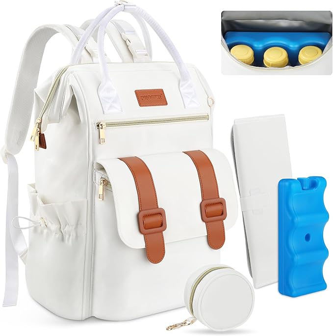 PIIOSER Diaper Bag Backpack with Ice Pack, Large Capacity & Waterproof Baby Travel Backpack Bag for Moms Dads, Insulated Baby Cooler Bag with Changing Pad, Stroller Straps & Pacifier Case, Cream