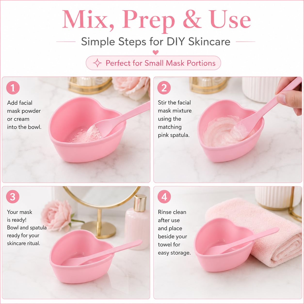 PLINNILUY Heart Shaped Face Mask Mixing Bowls, Pink Facial Bowls, Plastic Mask Bowl Set with 5 Bowl and 5 Spatulas for DIY Skincare, Mud Masks, Home Facial and Beauty Salon Use