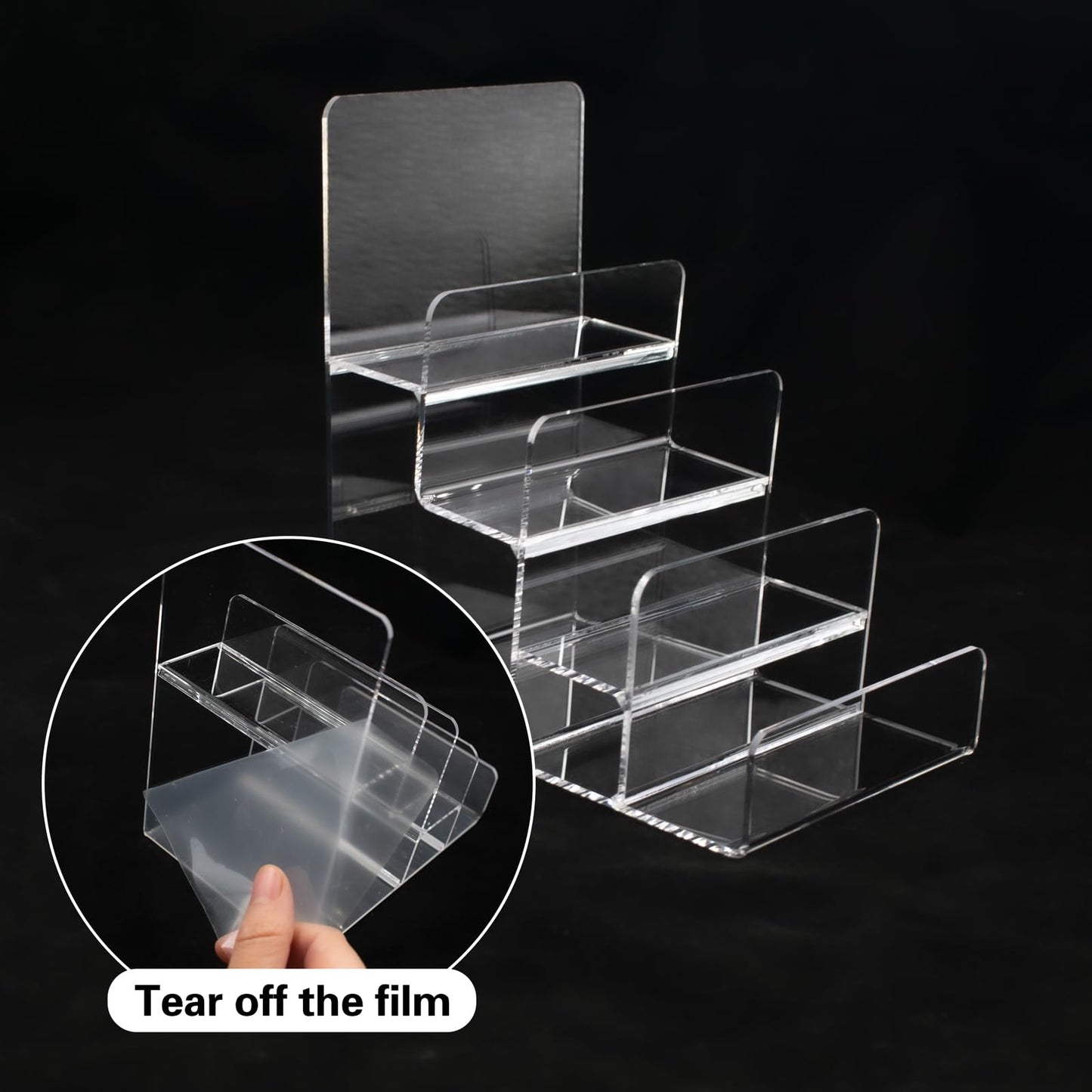 JoyHuaTrade 2 PCS 4 Tier Sticker Display Stand, Clear Stepped Sticker Holder for Vendor Events, Badge Stand Portable Shelf for Greeting Card Postcard Photo Brochure Display