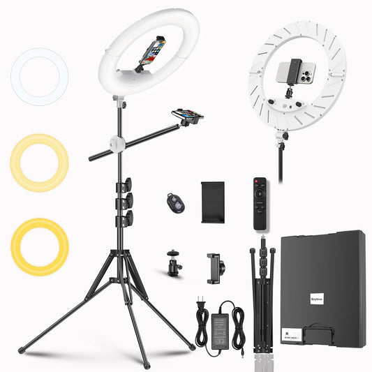 Bzyltrux 55W18 45cm Ring Light Kit [New Version] 6700K Dimmable LEDRinglightTripod Stand Dual Phone Holder for iPhone Selfie Makeup LashTattoo Studio Lighting Painting,Photo Video Recording (White)