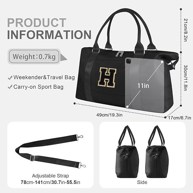 Dance Gym Duffel Bag for Teen Girls, Personalized Initial Travel Weekender Bag,Cute Overnight Carry On Duffle for Women,Sports Travel Cheer Bag,Monogram Christmas Gifts for Tween Preppy(black-H)