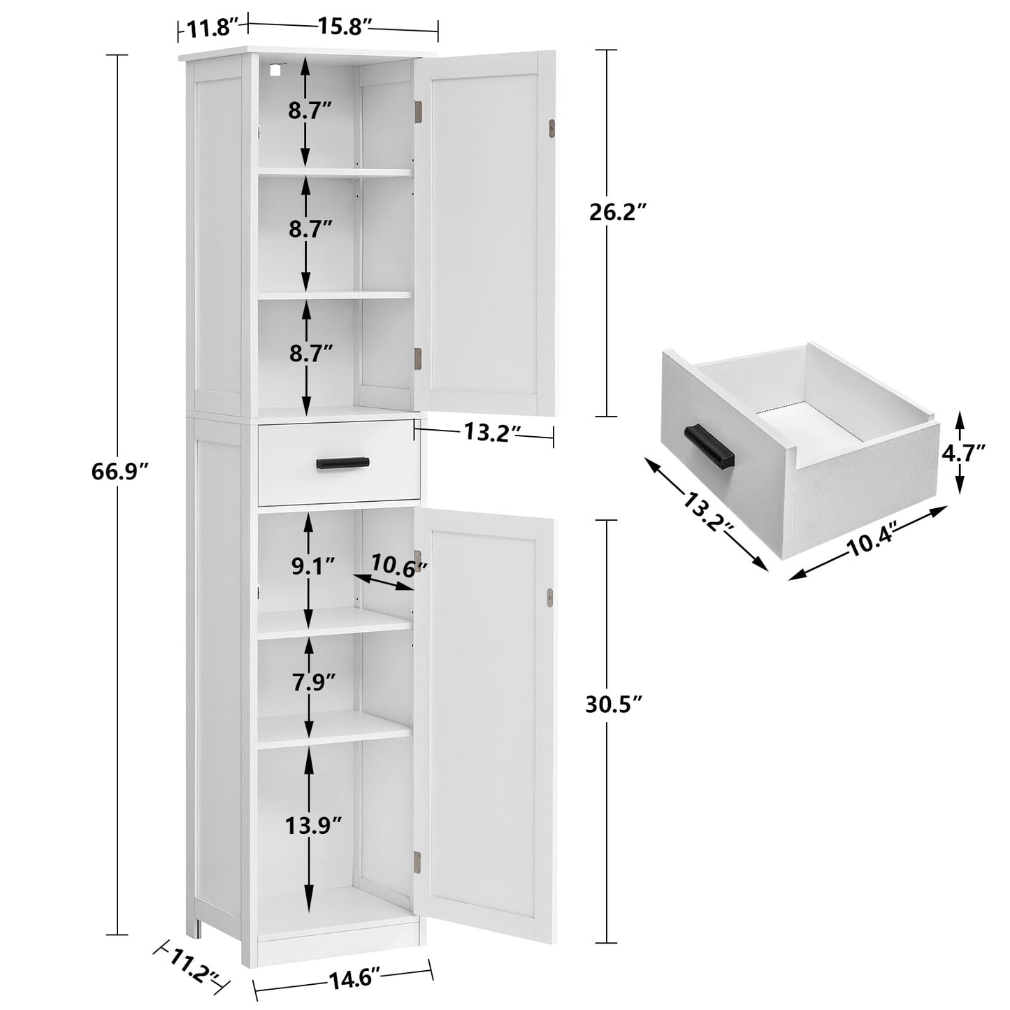 WEENFON Tall Bathroom Cabinet, Storage Cabinet with 6 Shelves & Drawer, Bathroom Storage Cabinet with Adjustable Shelves, Tall Cabinet for Living Room, Home Office, White