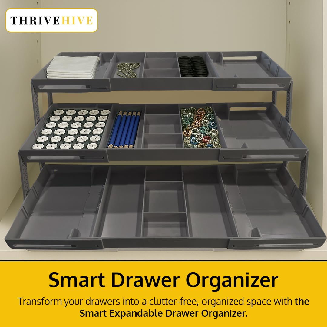 3 Tier Drawer Organizer, Multi Level Smart Drawer Organizer for Desk, Expandable Organizer for Office, Makeup, Jewelry, Kitchen, Folding Storage for Home and Office Drawers & Craft Organizer - Gray