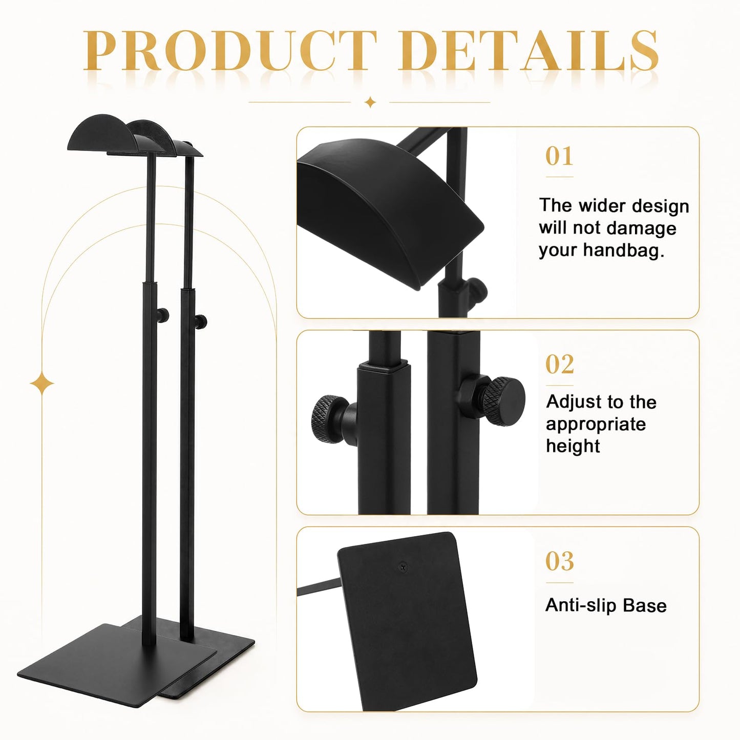 Bucherry 3 Pcs Purse Holder Stand and 2 Set Stainless Steel Display Riser Metal Handbag Rack with Adjustable Height Riser Wreath Display Stand for Home Boutique Shopping Center Retail Outlet (Black)
