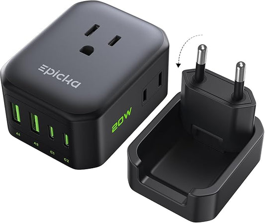 EPICKA Hybrid European Travel Plug Adapter, Foldable & Detachable Type C (EU) VisaPlug, 8-IN-1 International Power Adapter with 4 USB Ports (2 USB-C PD 20W) - Travel Essentials for US to Europe, Black
