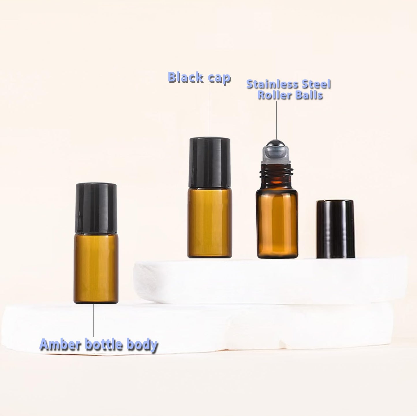 AGENIZ 50Pcs Amber Glass Roller Bottles for Essential Oils 3ml Glass Roll on Bottles with Stainless Steel Roller Balls Mini Sample Vials Cosmetics Small Container (Amber, 3ml)