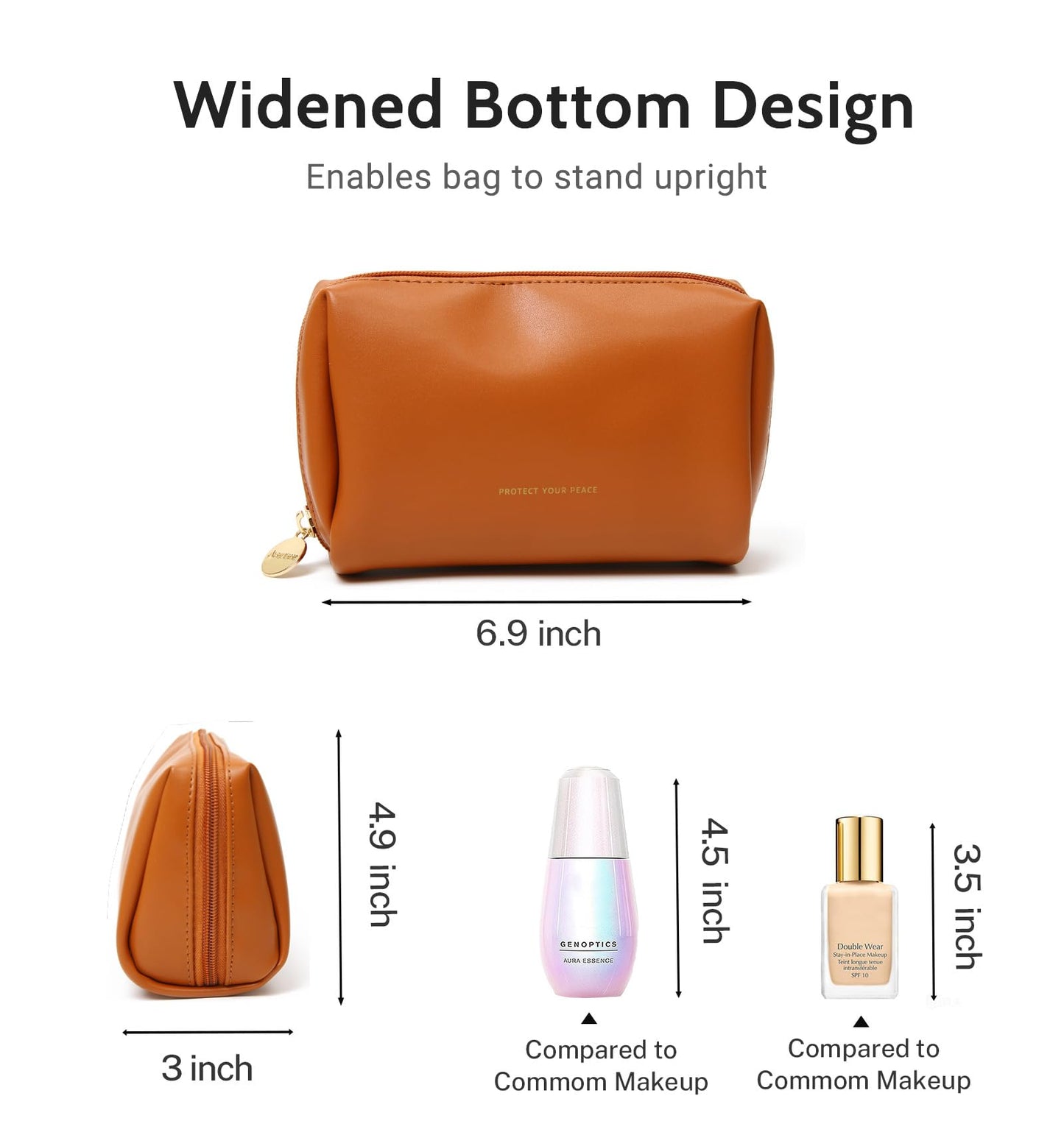 Aveniee Small Travel Makeup Bag, Vegan Leather Cosmetic Pouch for Purse,Wide-open Toiletry Organizer with Dividers & Zipper, Beauty Storage for Women-Brown