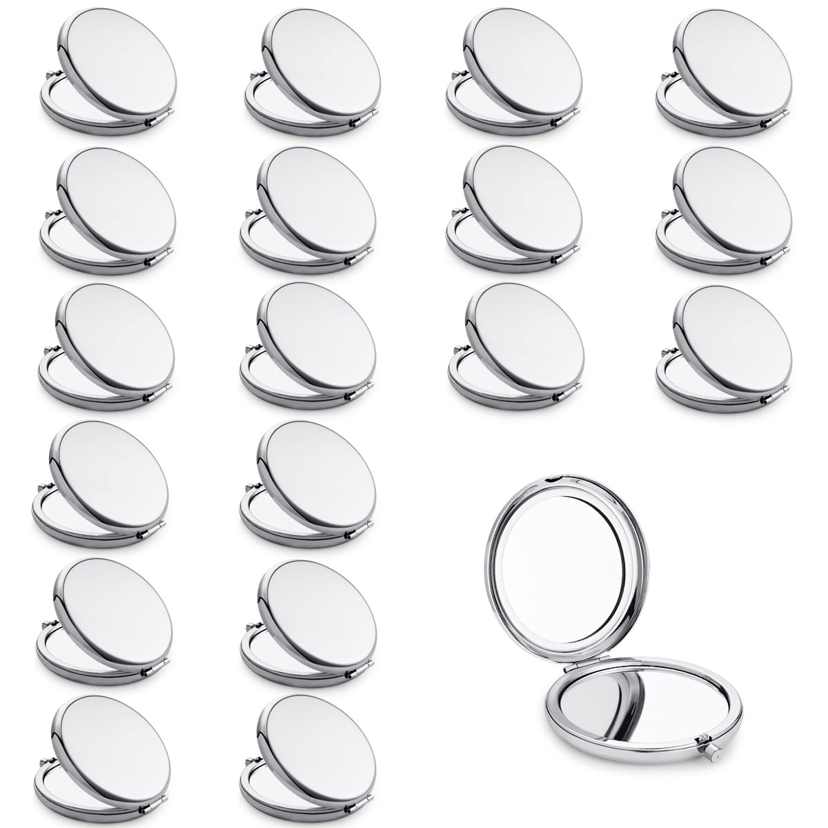 QUSTGO Compact Mirror, Pocket Travel Makeup Mirror for Purse, Metal Round Shell, 2-Sided 1X/2X Magnifying, Portable, Folding, Handheld, Silver, 18 Pack