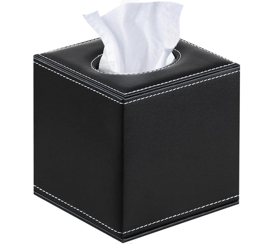 Leather Tissue Box Cover Square,Upgrade 99% Compatible Large Size,Modern Tissue Box Holder for Napkin Facial Paper,Dryer Sheet Dispenser Organizer for Bathroom Vanity Countertop,Night Stand Black