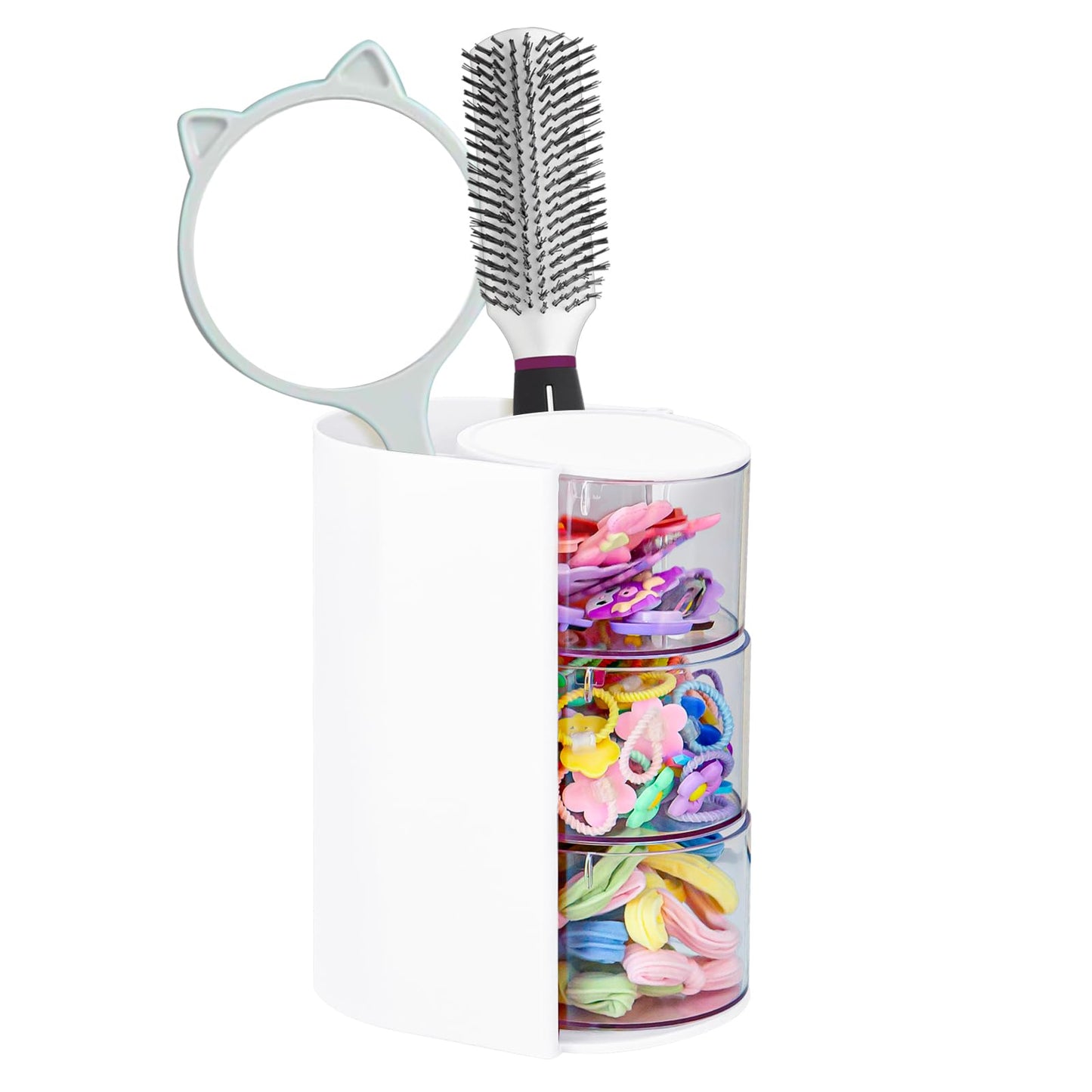 Hair Accessories Organizer with Hair Brush Holder, Rotatable Makeup Brush and Jewelry Storage Box for Hair Clips, Earrings, Necklaces, Bracelets, Rings, and Daily Accessories (White, 3-Layer)