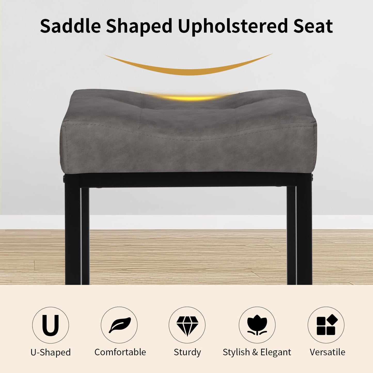 Saddle Seat Vanity Stool, Makeup Stool Chair with Metal Leg, U-Shaped Leather Ottoman Foot Rest Stool, Small Square Chairs Under Desk for Vanity, Living Room, Bedroom, Modern Makeup Bench Grey&Black