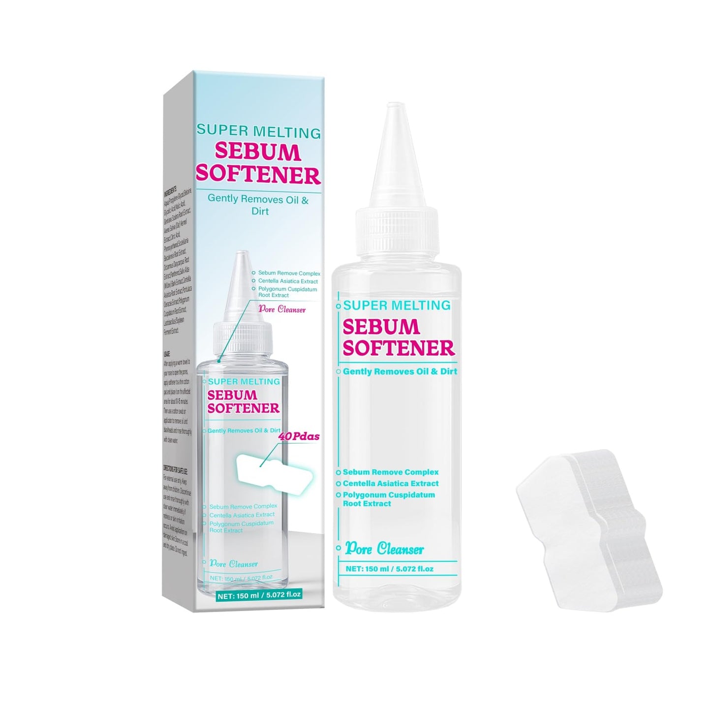 Lanthome Super Melting Sebum Softener for Pore Cleansing Solution, Blackhead Softener, 10-Minutes Melts Away Blackheads and Sebum for Oily Nose 150mL with 40 Skin Wrap Cotton Pads