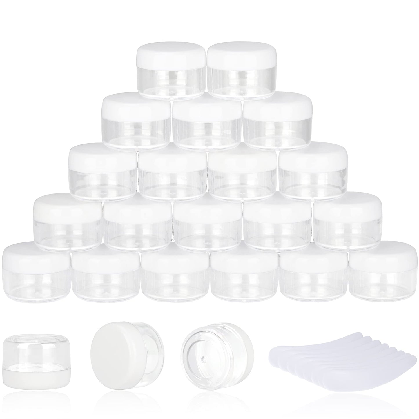 100PCS 5 Gram Sample Containers, 5ml Empty Jars with Lids, Small Cosmetic Containers, Mini Sample Jars with 8PCS Mini Spatulas for Make Up, Oils, Lotion, Powder, Paint, Jewelry, Lip Balms(White Lid)