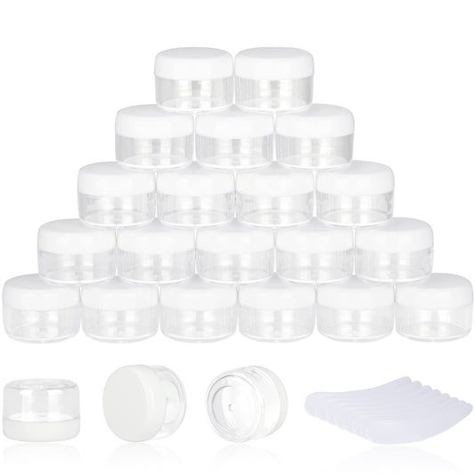 100PCS 5 Gram Sample Containers, 5ml Empty Jars with Lids, Small Cosmetic Containers, Mini Sample Jars with 8PCS Mini Spatulas for Make Up, Oils, Lotion, Powder, Paint, Jewelry, Lip Balms(White Lid)