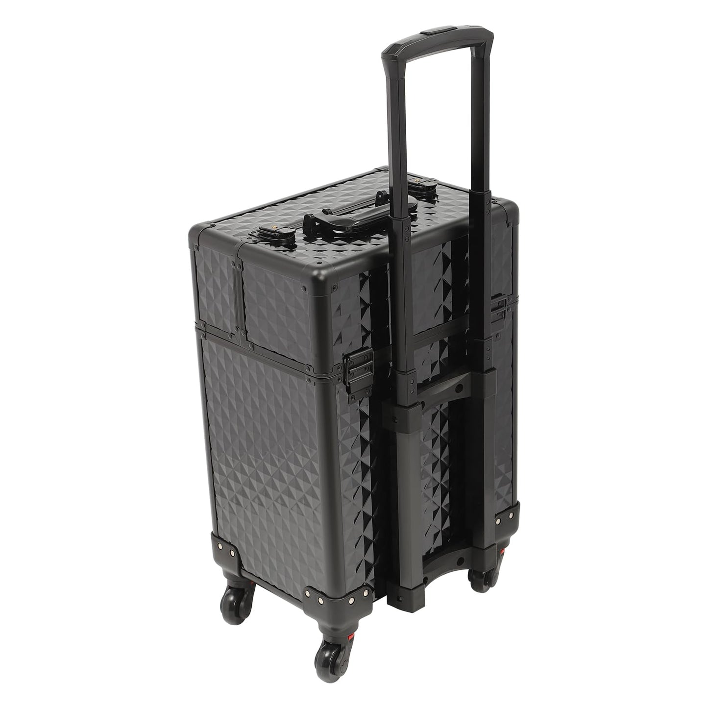 MooKuQi Rolling Makeup Train Case, Aluminum Cosmetic Trolley Organizer with 4 Universal Wheels, Large Capacity Travel Case with Lock for Nail Artist, Hairstylist in Salon, Studio, Travelling (Black)