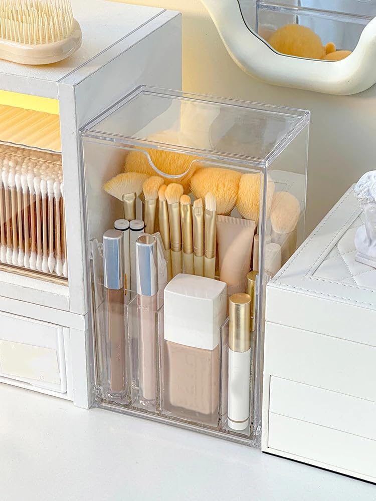 Singring Makeup Brush Holder Organizer with Lid, Acrylic Dustproof Makeup Brush Storage Box, Cosmetic Make Up Brush Container for Vanity, Bathroom