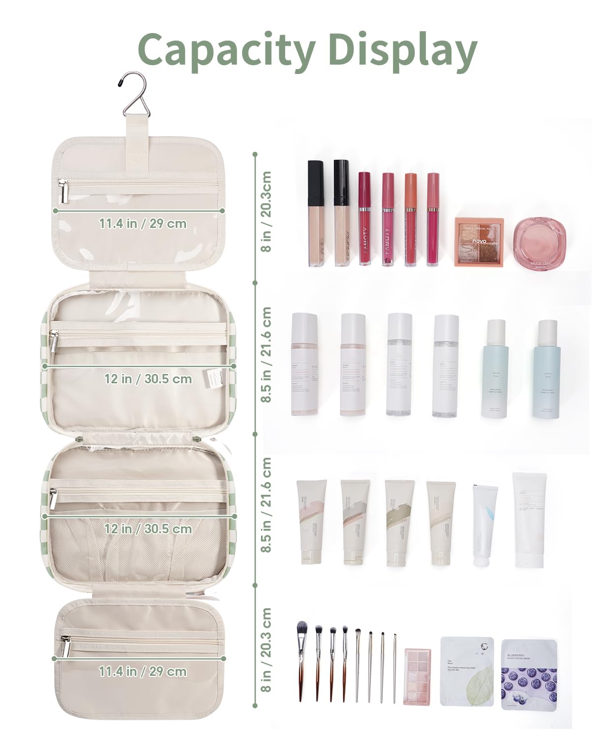 Narwey Travel Toiletry Bag for Women Large Capacity, Hanging Makeup Bag Organizer Toiletries Bag for Full Size Essentials, Accessories, Brushes, Cosmetics (Mint Green Checkerboard (Large))