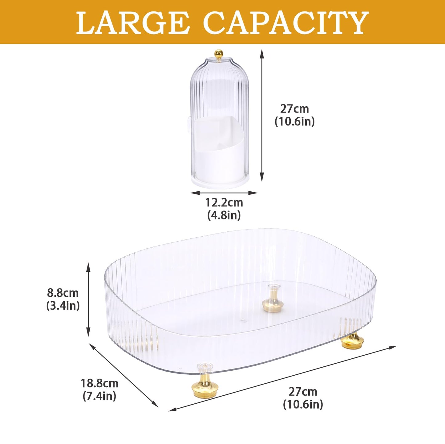 Makeup Organizer 2-Pack, Clear Makeup Brush Holder with Lid + Rotating Tray, Countertop Use, Cosmetic Storage, Make Up Organizers for Counter, Make Up Brush Holder Set for Bathroom Vanity & Dresser