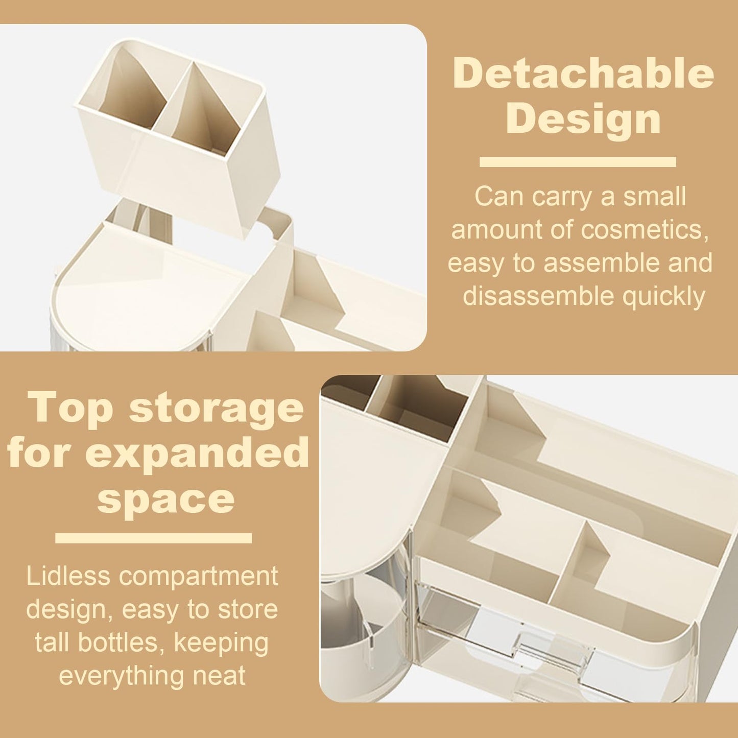Fortuccai Makeup Organizer with 360° Rotating Brush Holder, Vanity Countertop Skincare Holder, Removable Cosmetic Display Cases, Lotions Storage Box & Dust-proof 4 Slot Make up Brushes Cup (Beige)