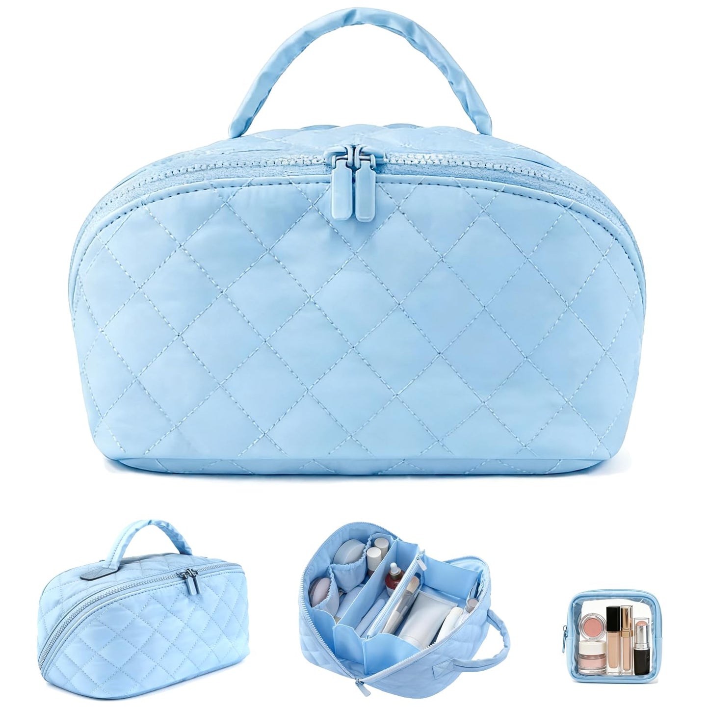 Gmkato Travel Makeup Bag for Women,Large Capacity Waterproof Makeup Organizer, Open Flat Toiletry Bag for Toiletries (Blue, Large)