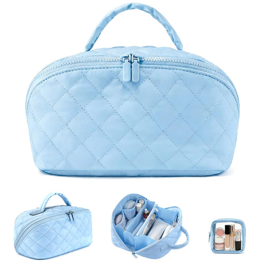 Gmkato Travel Makeup Bag for Women,Large Capacity Waterproof Makeup Organizer, Open Flat Toiletry Bag for Toiletries (Blue, Large)