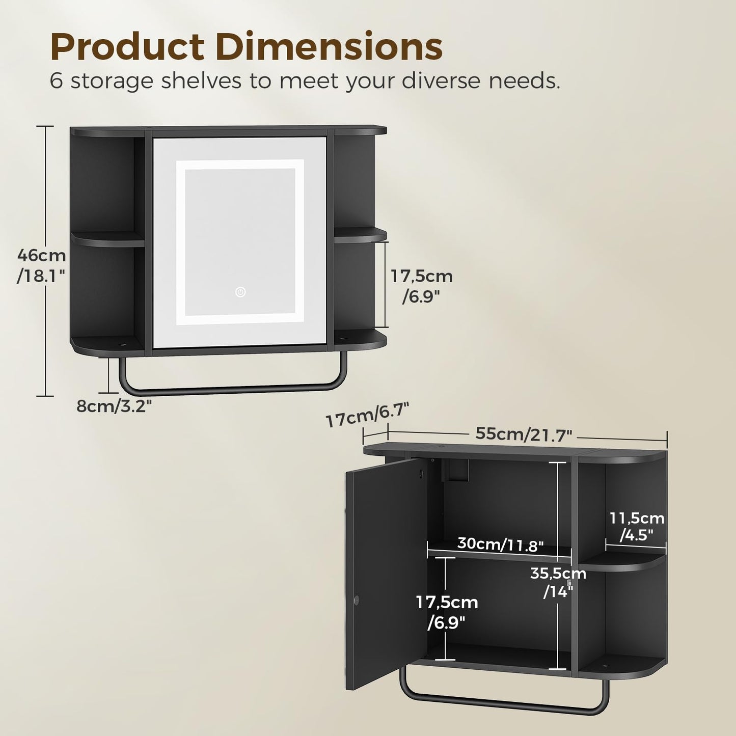 Bathroom Wall Cabinet with Mirror, Mirrored Medicine Cabinet with 3 Colors LED Light and 4 Open Shelves, Wall Mounted Over Toilet Storage Cabinets with Adjustable Shelf, 21.7"L x 6.7"W x 18.1"H, Black