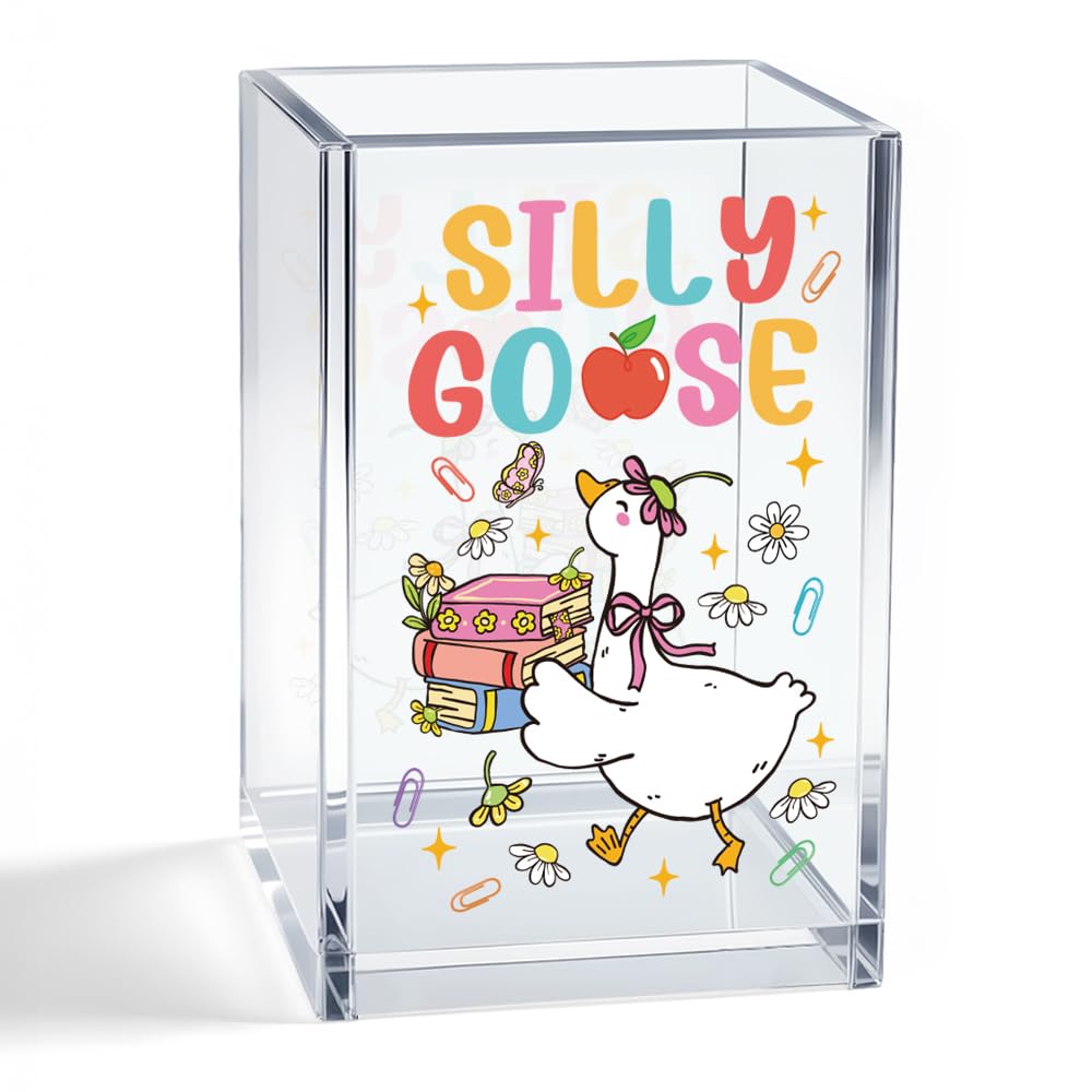 Mhfpl Silly Goose Acrylic Cosmetic Pencil Pen Holder Cup, Cute Goose Theme Gifts for Mom Grandma Aunt Daughter Sister Niece Friend BFF Makeup Artist Lover, Humor Office Gifts for Coworker Boss Leader