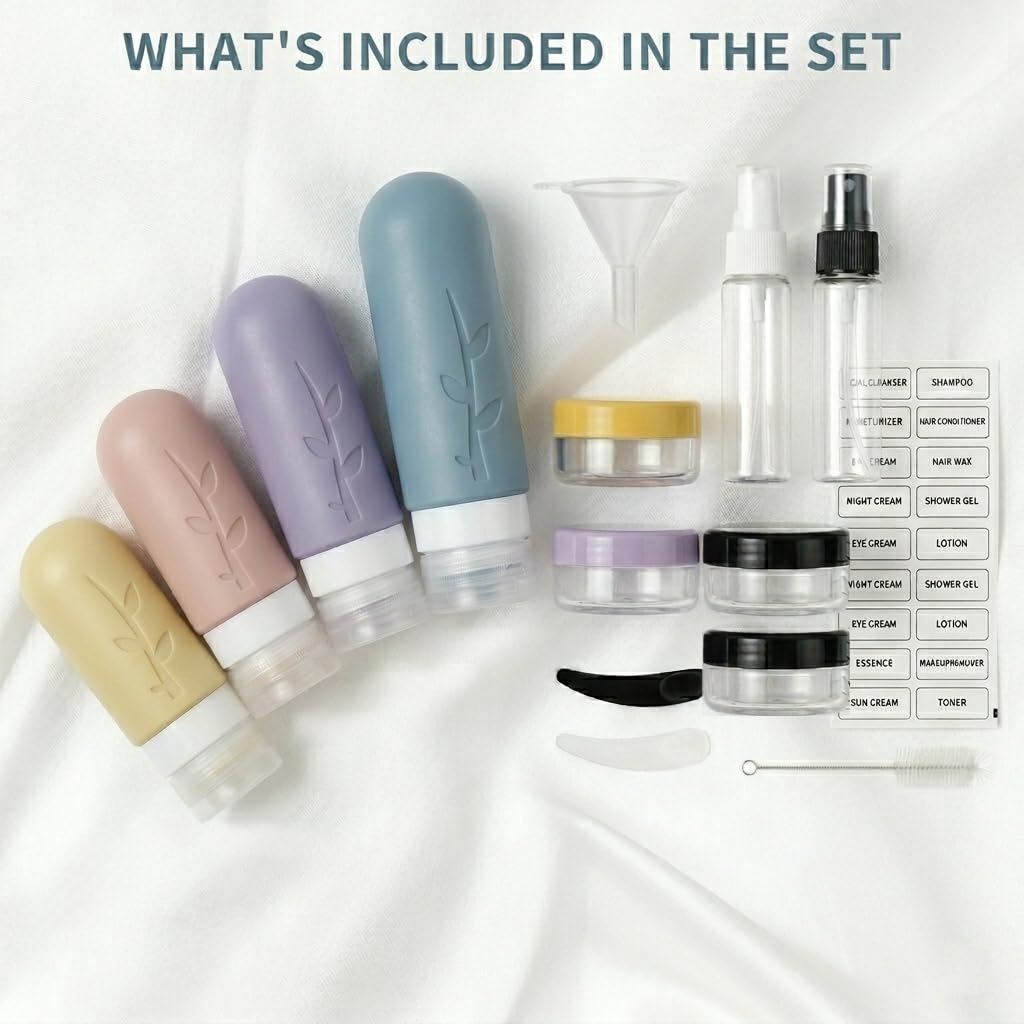 DEPOZA Travel Bottles Kit (16 Pack) - TSA Approved, Leak Proof Silicone Squeezable Containers for Toiletries. Complete Set with Jars, Sprayers & Bag (Light Purple)
