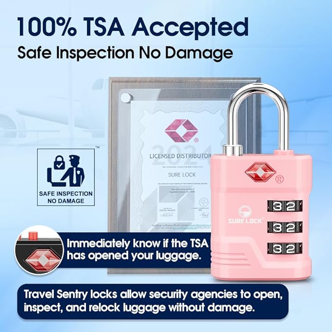 SURE LOCK TSA Locks for Luggage, TSA Approved Luggage Locks with Open Alert, 008 Key for High Security, Easy Read Dials, Zinc Alloy Body, Locker Lock for Suitcase, Gym, Travel.(Pink 2 pk)