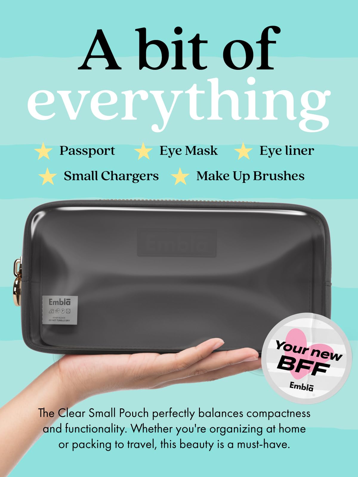 Embla Clear Cosmetic Bag Makeup Case, Clear Zipper Make Up Pouch and Toiletry Travel Tote, Cute Skincare Pouches for Women Girls, Preppy Purse Cosmetic Organizer, Small Makeup Bags, Black