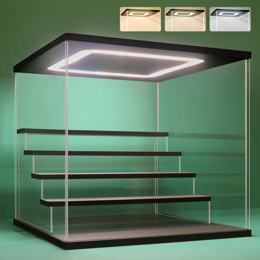 NONEMEY Acrylic Display Case with Light, Upgraded 3 Color Light & Adjustable Brightness Showcase,5 Tier Dustproof Clear Toy Organizer Box for Action Figures, Collectibles, 12.4x12.2x12 In