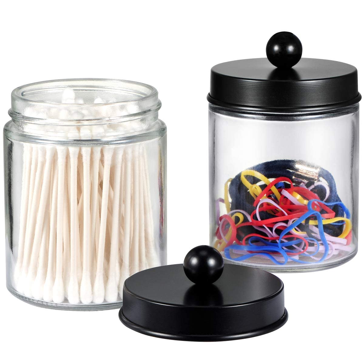 Amolliar 4 Pack Glass Apothecary Jars Bathroom Vanity Storage Organizer Set-Qtip Dispenser Holder with Stainless Steel Lids &Cute Stickers-Countertop Canister for Qtips,Cotton Swabs,Makeup Sponges
