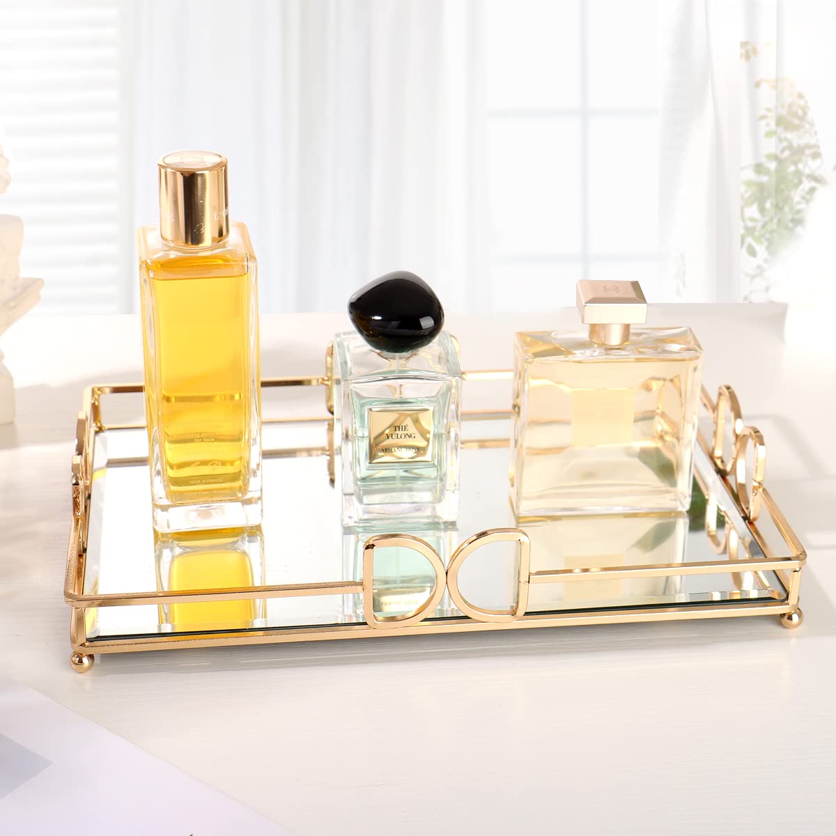 HAIGOUER Gold Mirror Vanity Tray for Perfume, 11.7x7.9 Non-Slip Glass Dresser Tray, Elegant Decorative Organizer for Bathroom Countertops, Skincare & Makeup Display, Rust-Proof