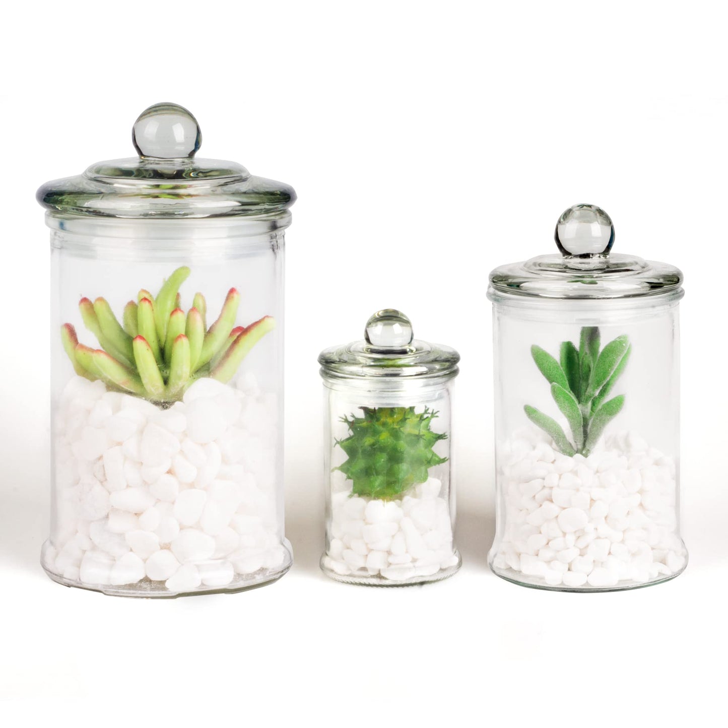 Easeen Mini Glass Apothecary Jars, Bathroom Storage Organizer Canisters for Cotton Swabs, Cotton Balls, Makeup Sponges, Bath Salts, Hair Ties, Makeup - Set of 3