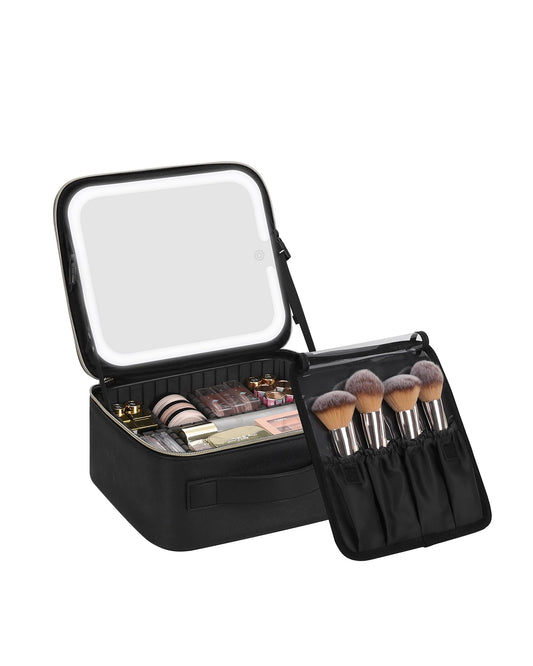 Chomeiu Makeup Bag with LED Mirror, Travel Makeup Case for Women and Makeup Artists Cosmetic Organizer Large Make Up Bags with Light Up Mirror, 3 Color Lights with Separate Brush Holder