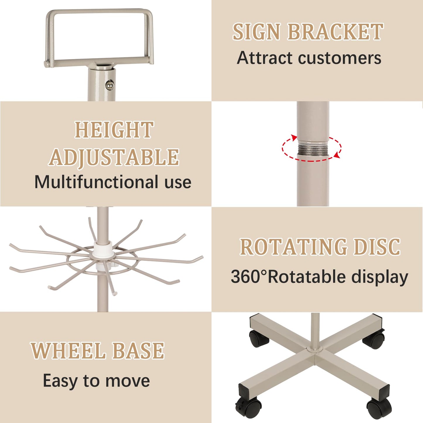 Exttlliy Retail Display Stand Store Display Rack 5 Tier Metal Spinning Display Stand Rack with Wheels Keychain Jewelry Stocking Hat Display Stand with Hooks for Malls, Showroom, Retail Store (Grey)