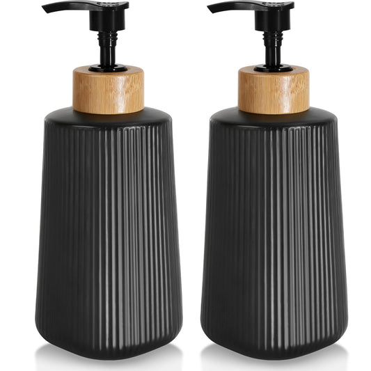 Glass Soap Dispenser, Thickened Glass Hand Soap Dispenser for Bathroom, Kitchen Dish Washing Liquid Bottles, Shampoo and Conditioner Bottles, Modern Farmhouse Style (Black, Set of 2, 12oz)