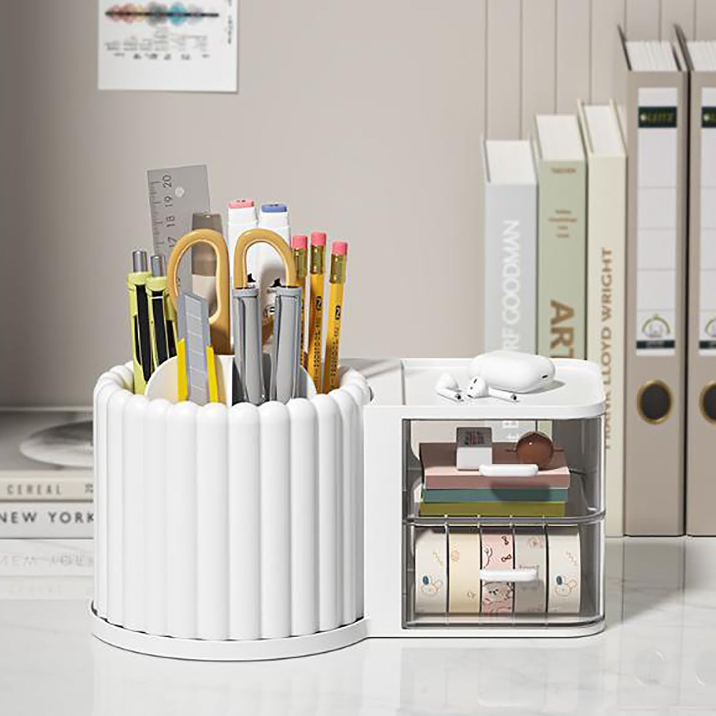 Anyoifax 360 Rotating Makeup Brush Holder 7 Slots Makeup Organizer with Drawer Removable Spinning Cosmetic Storage Pen Holder for Vanity, Dresser, Desk, White