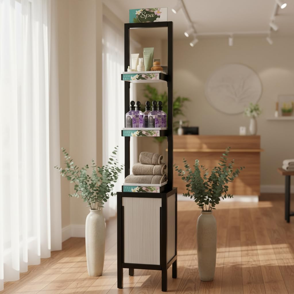 Azar Displays, 655000, Retail Display Tower with 3 Tiers, Tall Cosmetic Shelves, Beauty Display Stand for Salon Retail Products with Signage, No Tools Required, 5 Ft Height, Black Steel
