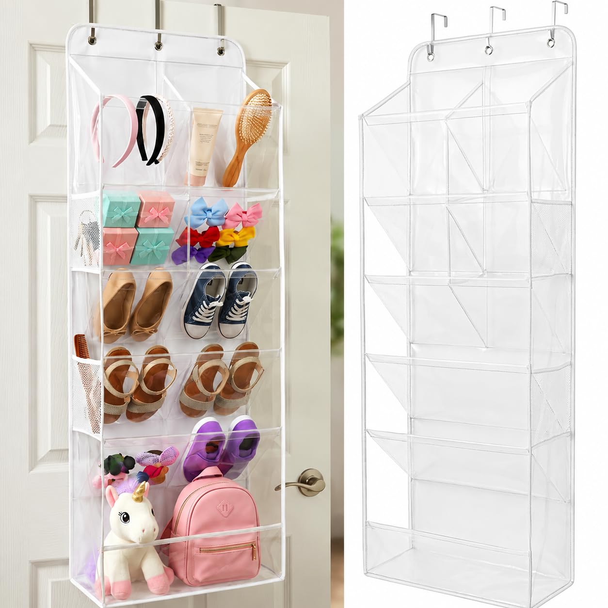 HOMELUX THEORY Hanging Shoe Organizer for Closet, 6 Tier Over the Door Shoe Organizer 120D Extra Thick with Deep Pockets, Shoe Rack for Closet & Entryway, with 4 Side Storage Pockets (Transparent)