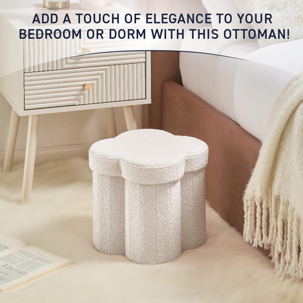Ornavo Home White Boucle Storage Ottoman Cube – Flower-Shaped Footstool with Hidden Storage, Faux Teddy Fur Foot Rest for Living Room, Bedroom & Dorm, 12" Inch