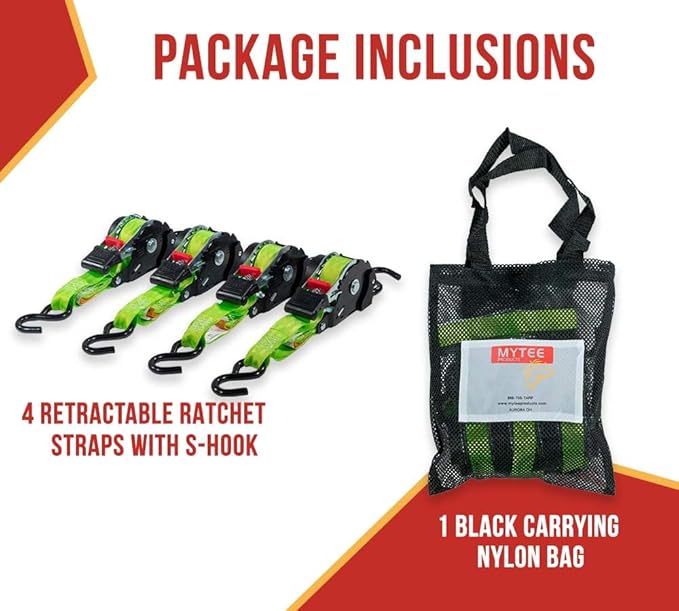 Mytee Products 8 Pack Retractable Ratchet Tie Down Straps w/S Hook - 1,500lb Break Strength Self Retracting Ratchet Straps for Haul Motorcycles, ATVs, Bikes, Trailer Tie-Down