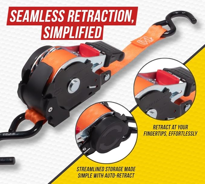4 Pack Orange Auto Retract NO-RATCHETING Ratchet Straps | 1" x 12' Retractable Ratchet Straps with Zinc Coated S Hook Tiedowns for Motorcycles, ATVs, Bikes, Trailer Tie-Down