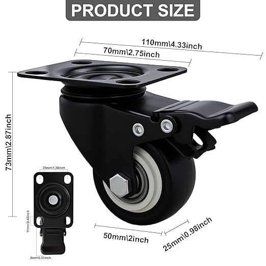 2 Inch Caster Wheels Set of 12, Heavy Duty Casters,with Brake,No Noise Locking Polyurethane (PU) Wheels, for Furniture and Workbench Load 800lbs