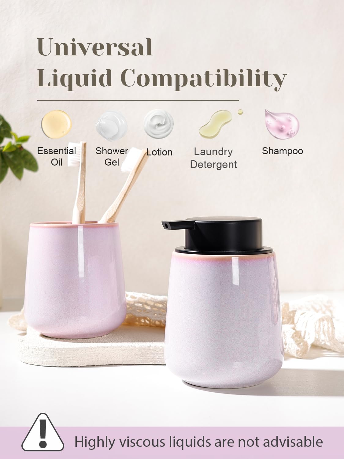 INGOFIN Ceramic Lotion Dispenser - 12 oz Hand Soap Dispenser Bathroom, Modern Liquid Dispenser with Pump, Refillable Dish Soap Bottle for Kitchen -Purple and Pink