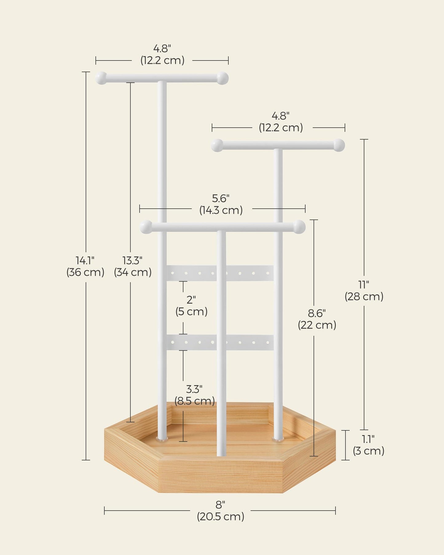 SONGMICS Jewelry Holder, Jewelry Organizer, 3 Tiers and 1 Tray, Jewelry Display Stand with Metal Frame, Necklace Earring Bracelet Holder, for Rings, Matte White and Natural Beige UJJS03NW