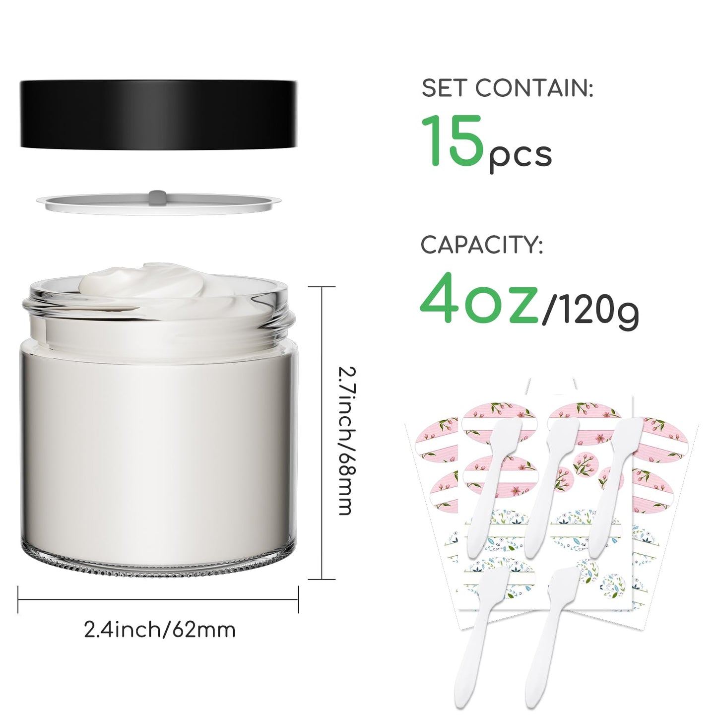 Clear Glass Jars with Lids 4 oz - 15 Pack,120ml Empty Glass Cosmetic Jars with Inner Liners and Black Lids,Refillable Round Glass Containers for Lotions,Ointments,Bath Salts and Travel Use