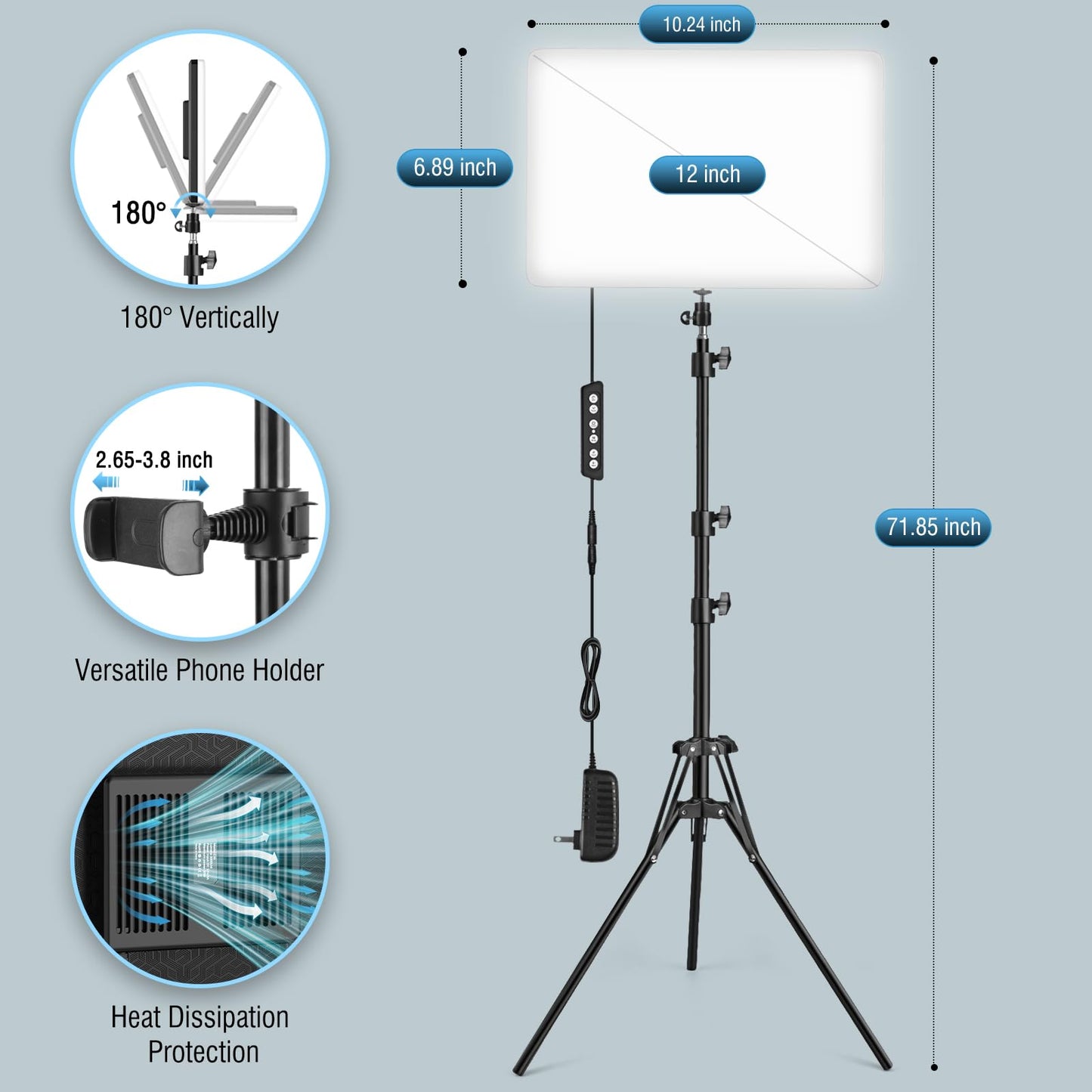 2-Pack LED Video Light Kit with 63'' Tripod Stand, 2500K-8500K Dimmable Studio Light Photography Panel Lighting for Video Recording Game Live Streaming Podcast YouTube Filming, Phone Holder