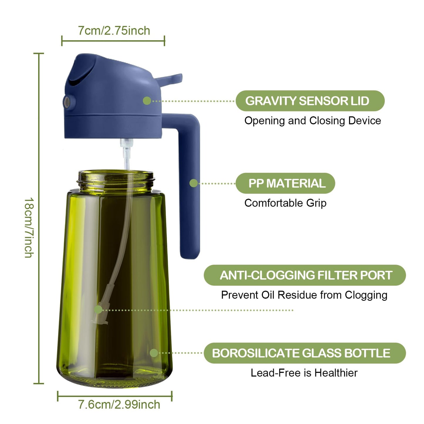 YARRAMATE 2Pcs 16oz/470ml Dark Green Oil Sprayer for Cooking with Stickers, Food-grade Premium 2 in 1 Olive Oil Dispenser Bottle for Kitchen Gadgets, Air Fryer, Salad, Frying, BBQ (Black&Navy)