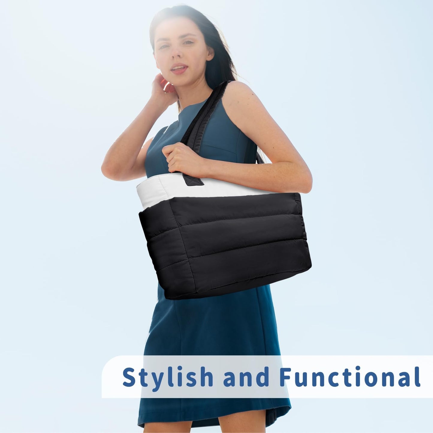 TOPDesign Puffer Tote Bag for Women, Lightweight Puffy Handbag with Compartments & Cosmetic Bag, Quilted Shoulder Bags for Work, Travel, Gym, Gifting (M Black/White)